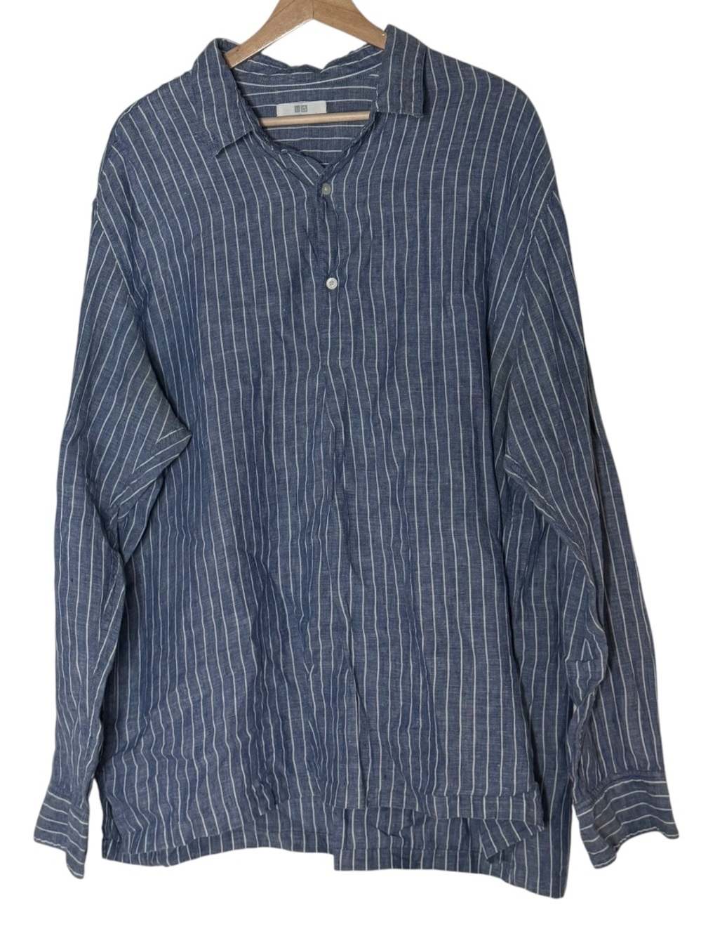 Uniqlo 100% Linen Blue Striped Half Button Up Shirt Size XL Pullover Oversized